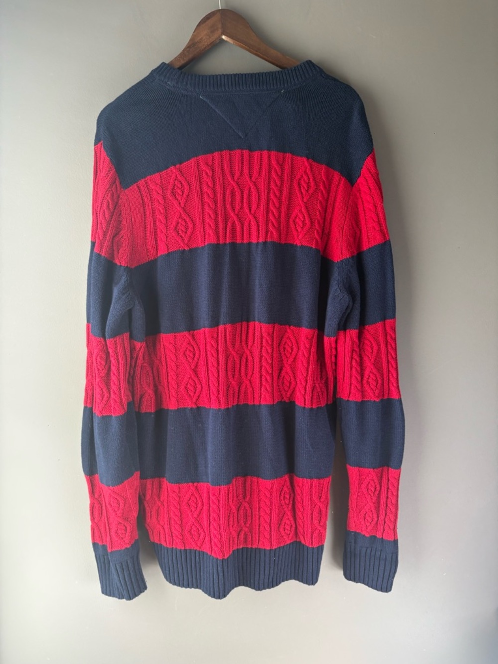 Tommy Hilfiger Cable Knit Sweater XXL Red Navy Striped Classic Logo - Picture 8 of 8